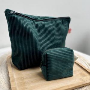 Ensemble trousse et porte-monnaie vert émeraude en velours côtelé – fait main, accessoire pratique et élégant, idée cadeau femme