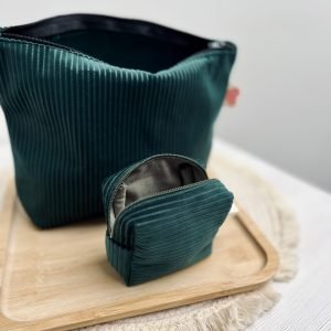 Ensemble trousse et porte-monnaie vert émeraude en velours côtelé – fait main, accessoire pratique et élégant, idée cadeau femme